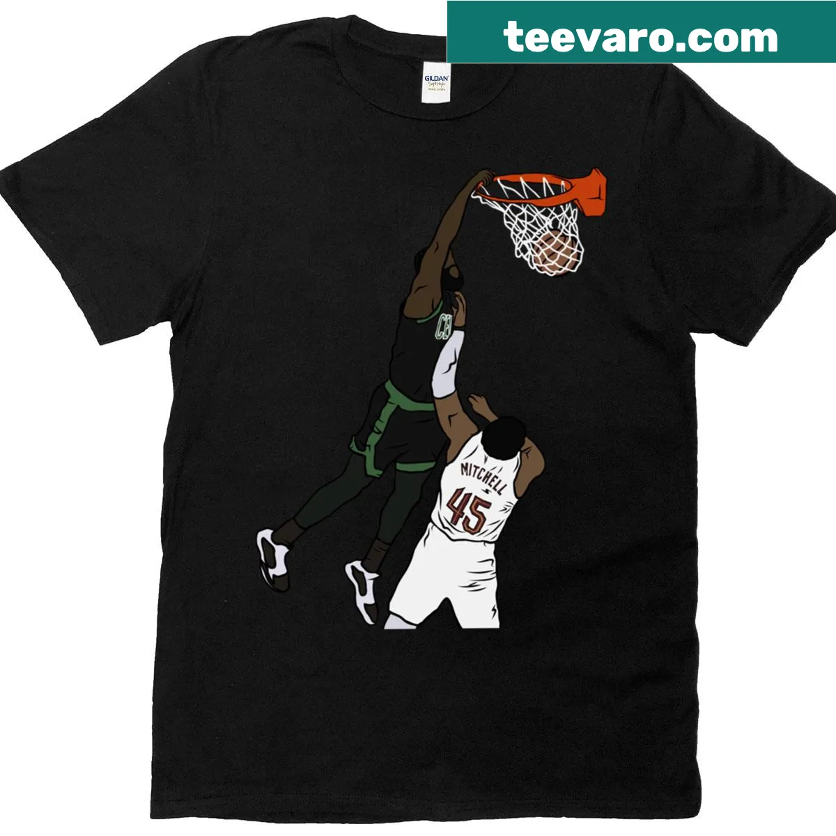 Oversized t-shirt featuring Jaylen Brown dunking on Donovan Mitchell — on a men's t-shirt