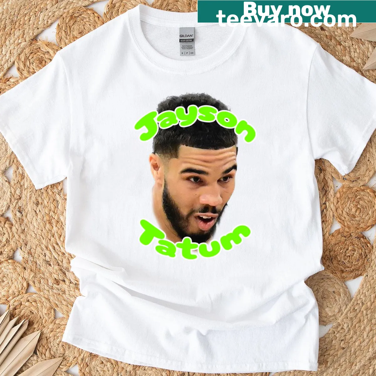 T-shirt featuring Jayson Tatum's shock face sticker for Celtics fans — on a men's t-shirt