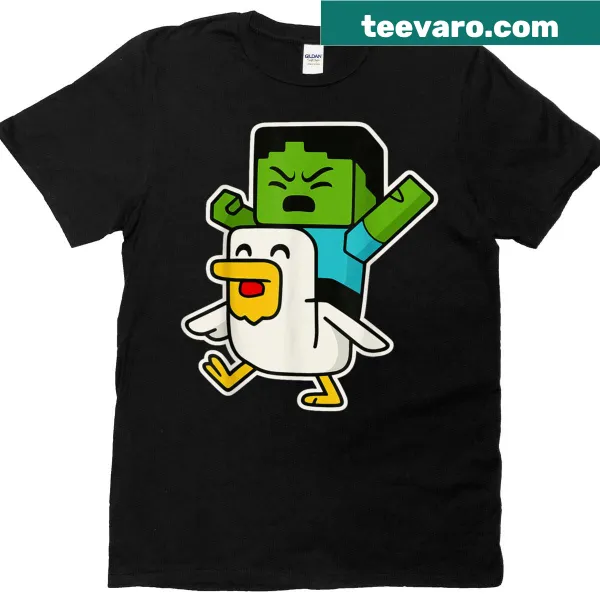 Funny kids' T-shirt with pixel art chicken zombie character.