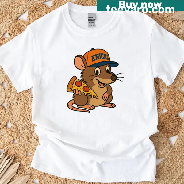 Whimsical Knicks Pizza Rat graphic t-shirt for fans.