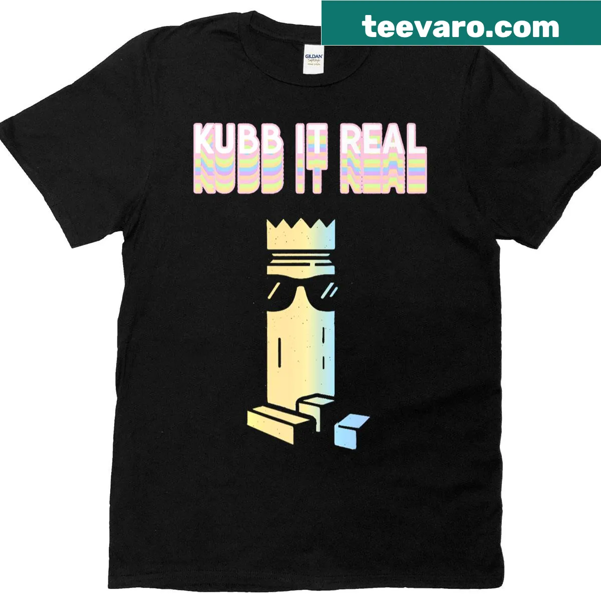 Whimsical Kubb It Real t-shirt featuring playful graphics of the lawn game — on a men's t-shirt