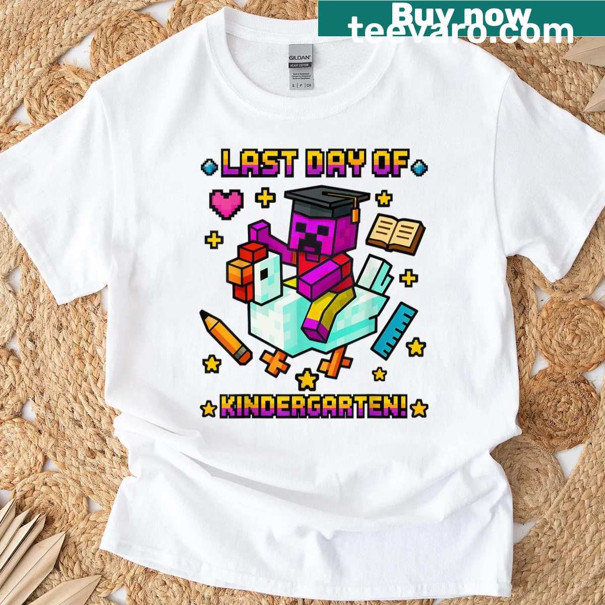 Funny chicken pixel art design for kids graduating kindergarten — on a men's t-shirt