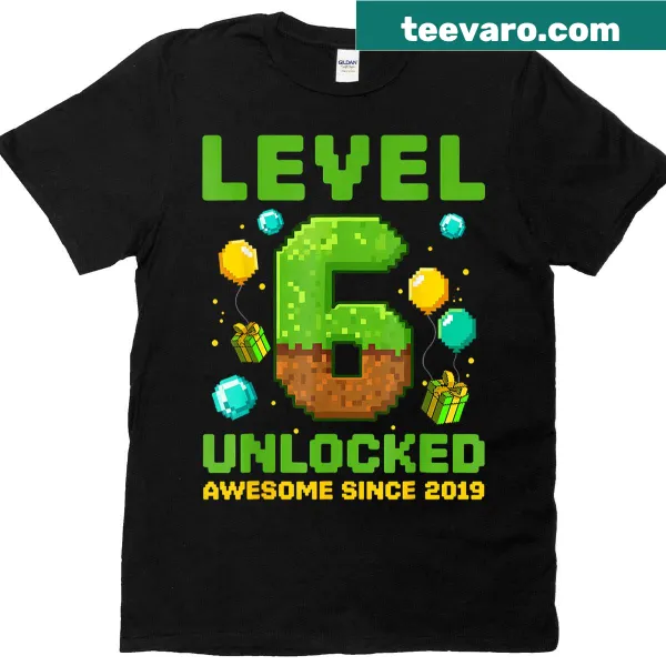 Pixelated Level 6 Unlocked birthday t-shirt for kids