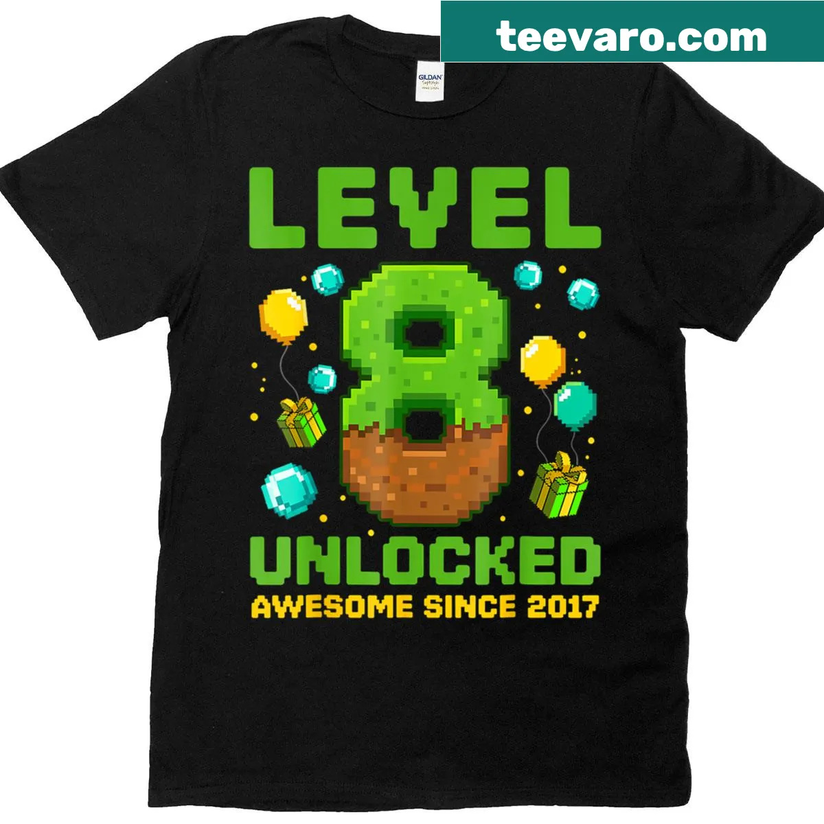 Pixelated 'Level 8 Unlocked Awesome Since 2017' birthday t-shirt — on a men's t-shirt