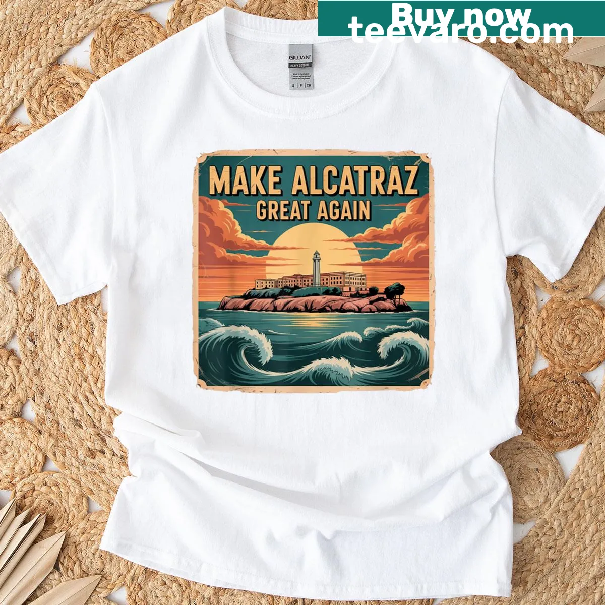 Make Alcatraz Great Again Trump T-shirt with clever slogan graphic. — on a men's t-shirt