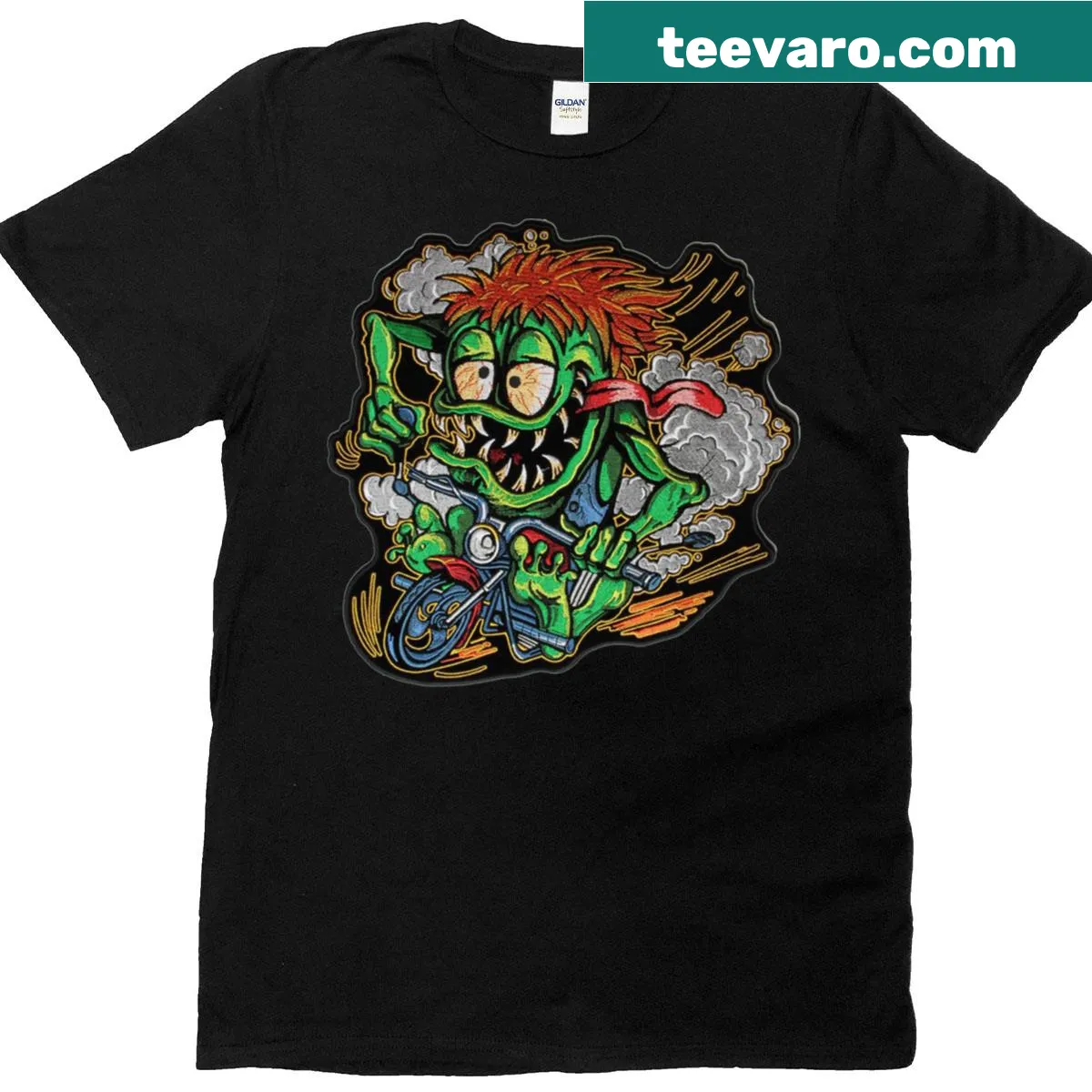 Embroidered Monster Bike T-shirt graphic — on a men's t-shirt