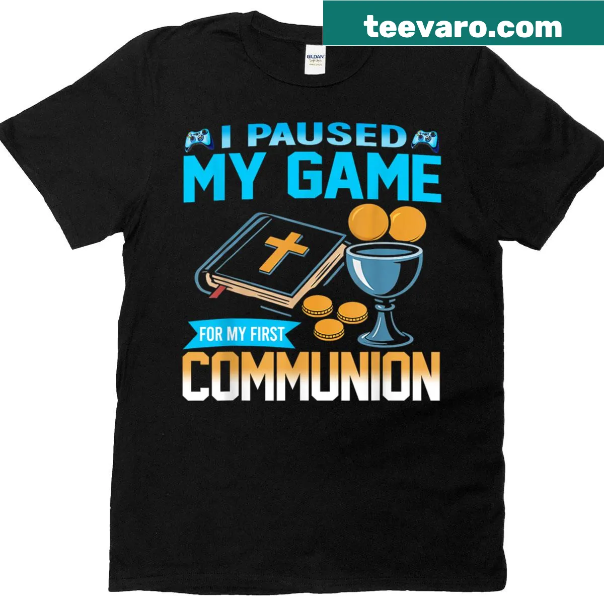 First Communion t-shirt with video game controller — on a men's t-shirt