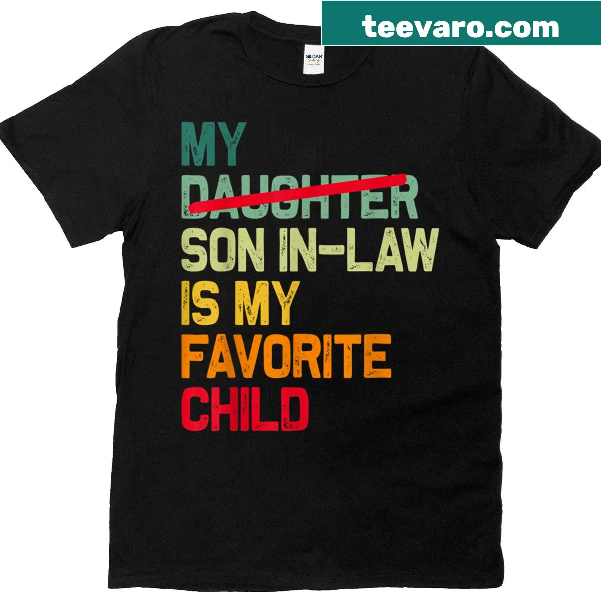 Funny retro Father's Day t-shirt with text proclaiming son-in-law as favorite child — on a men's t-shirt