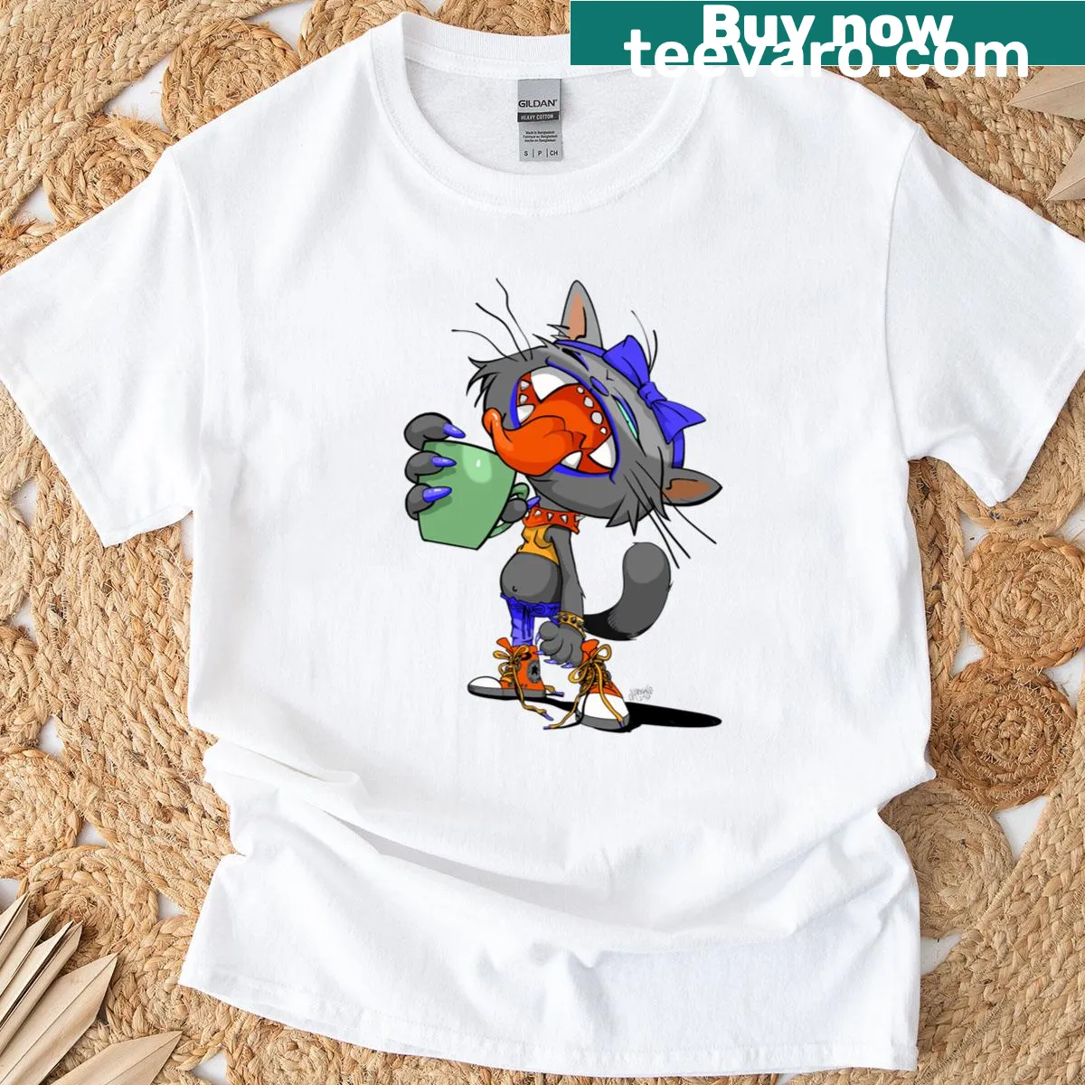 Sassy cartoon cat with the phrase 'Not Before Coffee' on a T-shirt — on a men's t-shirt