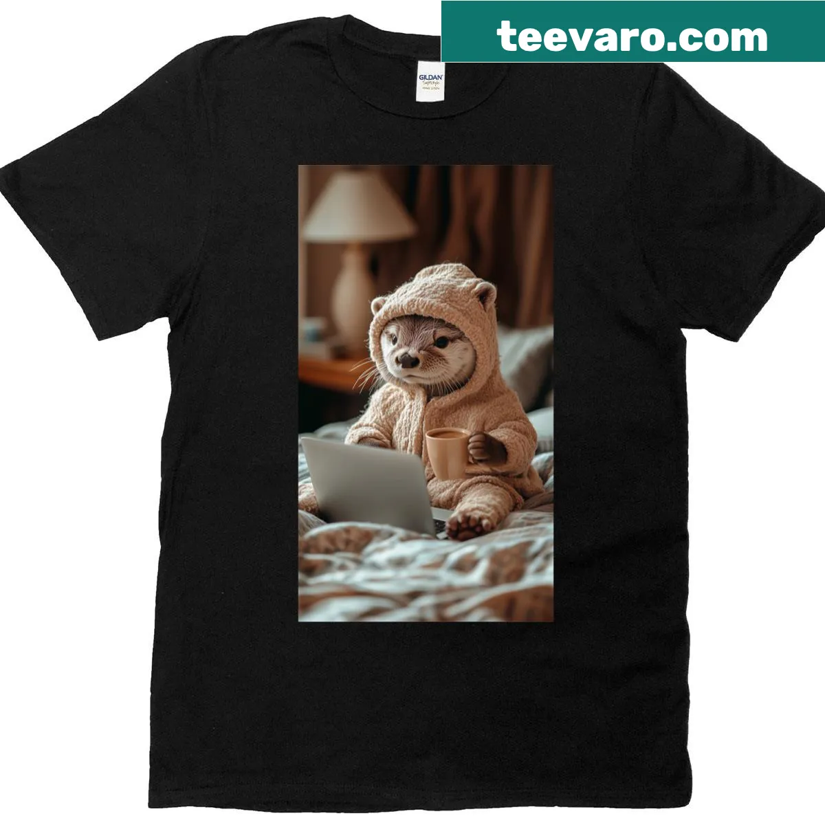 Illustration of an otter using a computer on a T-shirt — on a men's t-shirt
