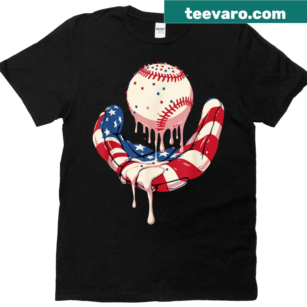 Cartoon baseball glove dripping with ice cream on a tee — on a men's t-shirt