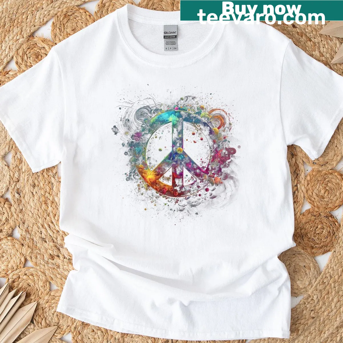 Whimsical Hippie Flower Child T-shirt featuring a peace sign design — on a men's t-shirt