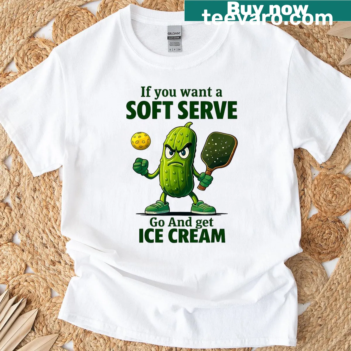 Funny pickleball graphic T-shirt with a pickle and ice cream — on a men's t-shirt