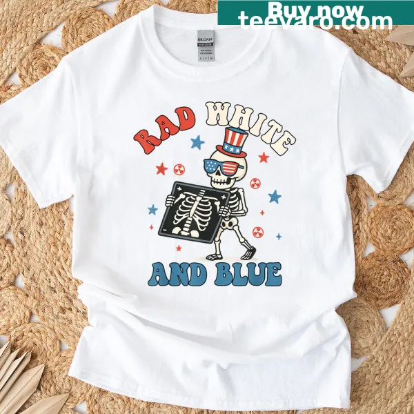 Patriotic skeleton radiology t-shirt featuring a skeleton with medical equipment