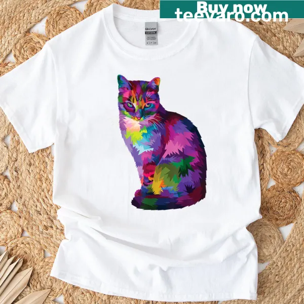 Colorful illustration of a rainbow tabby cat on a t-shirt
