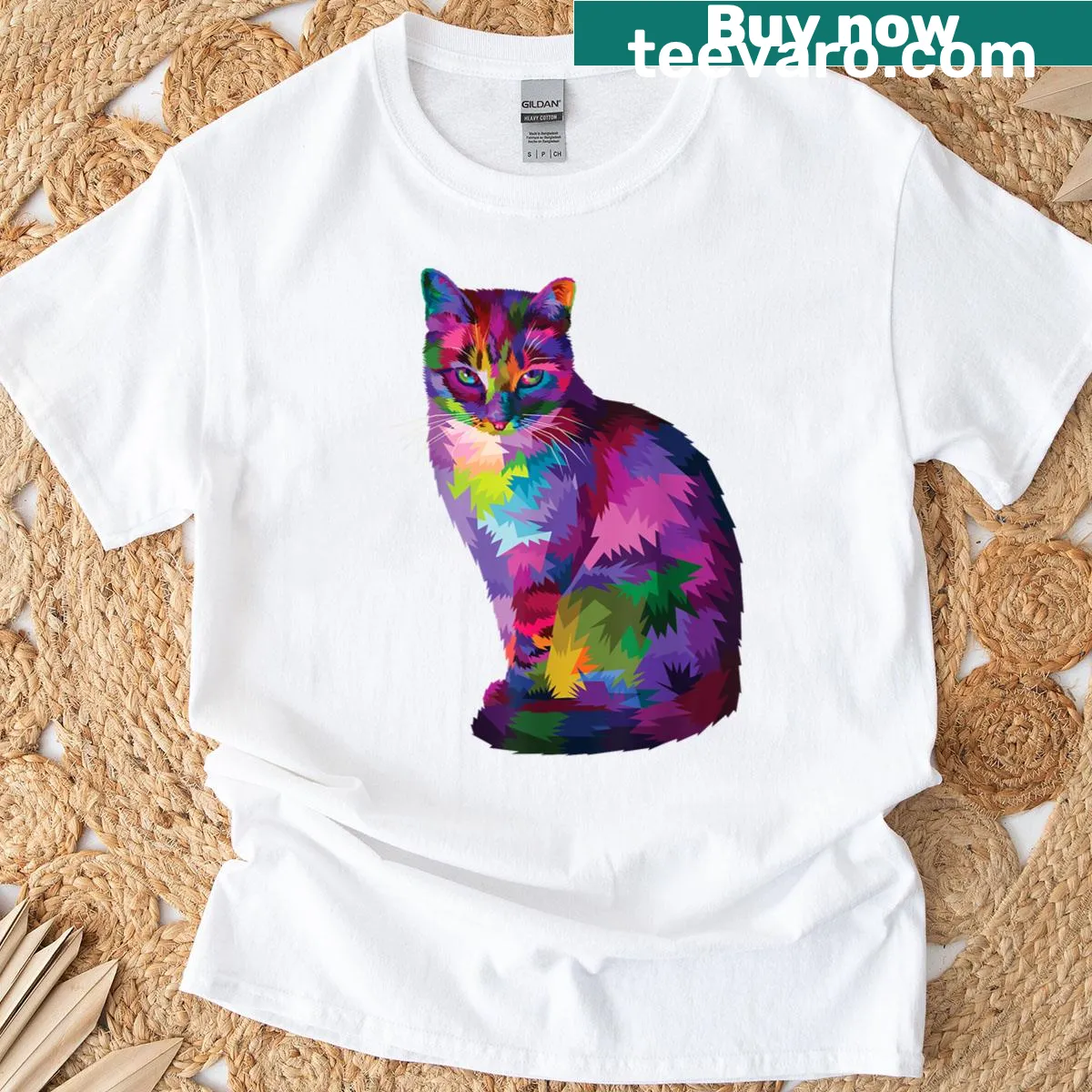 Colorful illustration of a rainbow tabby cat on a t-shirt — on a men's t-shirt