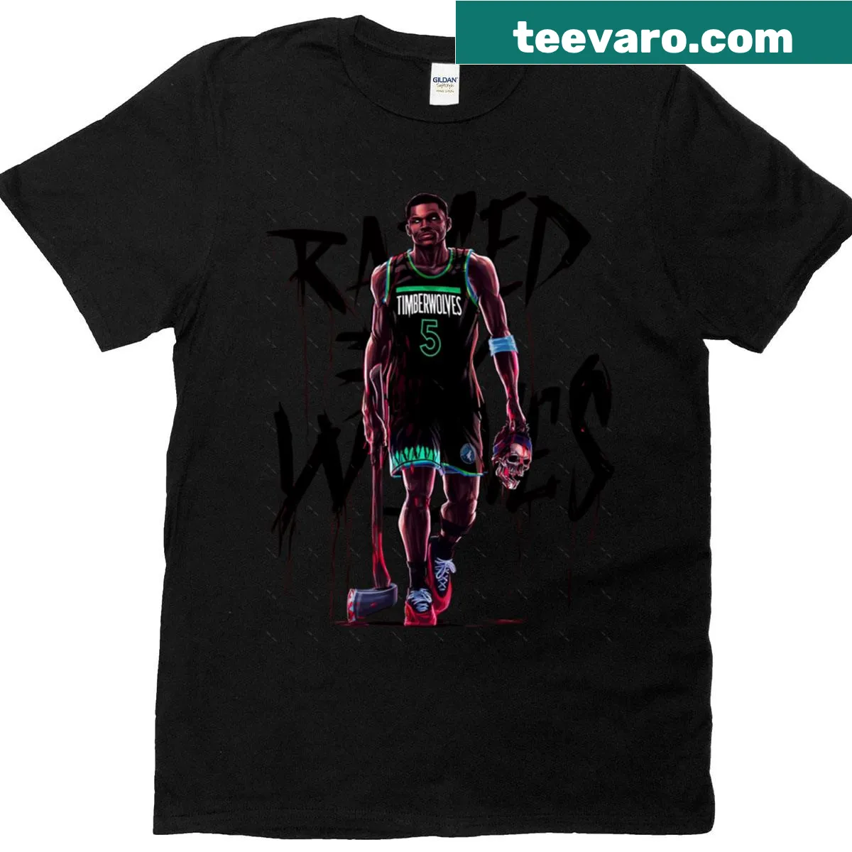 Cartoon wolf graphic on oversized Raised By Wolves t-shirt — on a men's t-shirt