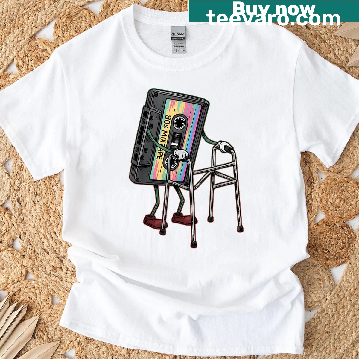 Retro cassette tape design t-shirt — on a men's t-shirt