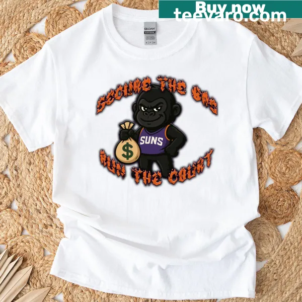 Bold typography t-shirt featuring 'Secure The Bag Run The Court' text