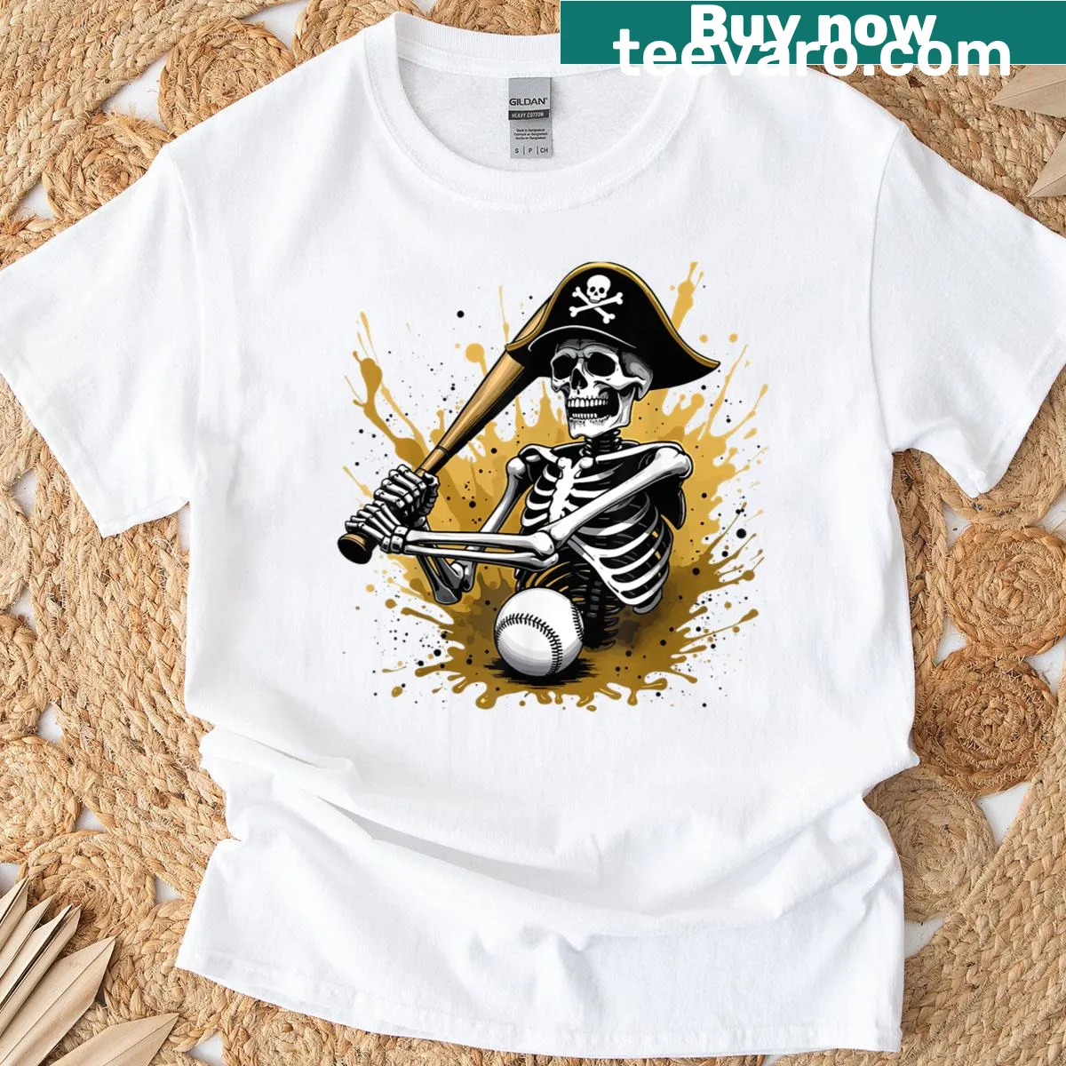 Skeleton pirate baseball graphic on a Halloween T-shirt — on a men's t-shirt