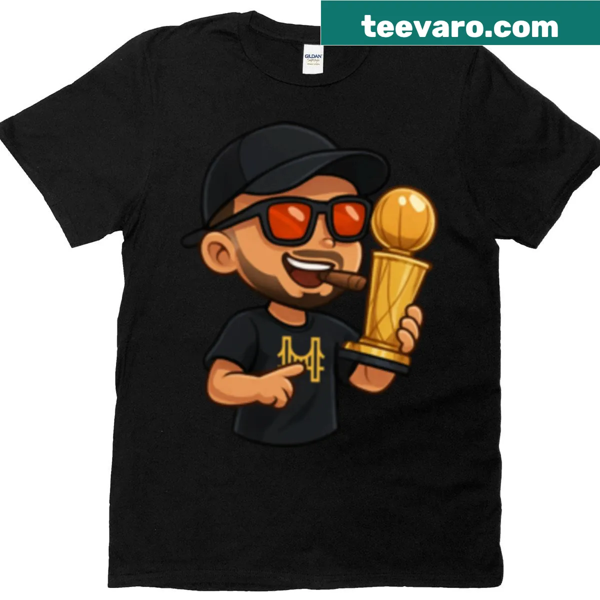 Chibi sticker graphic of Stephen Curry on an oversized t-shirt — on a men's t-shirt