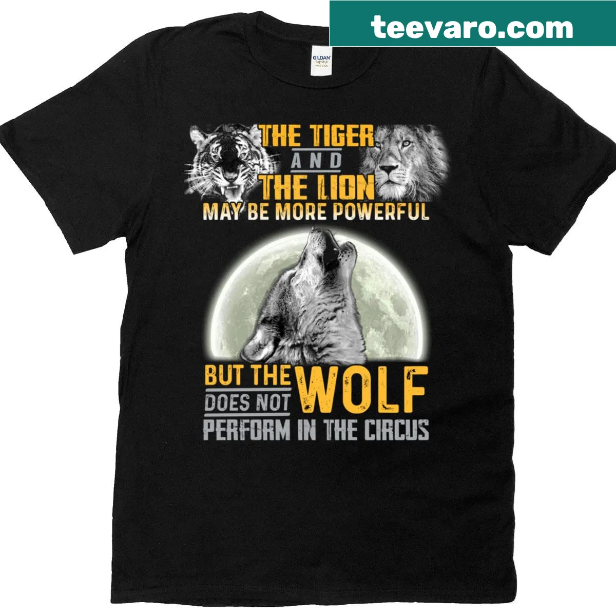 Typographic T-shirt featuring wolves versus lions and tigers quote — on a men's t-shirt