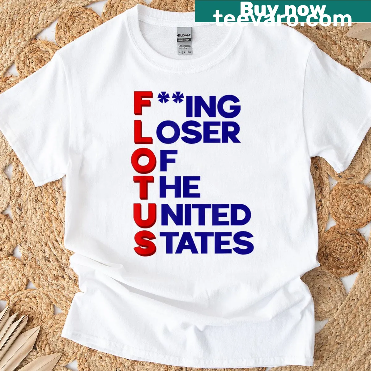 Sarcastic T-shirt with 'Trump Flotus Loser' text — on a men's t-shirt