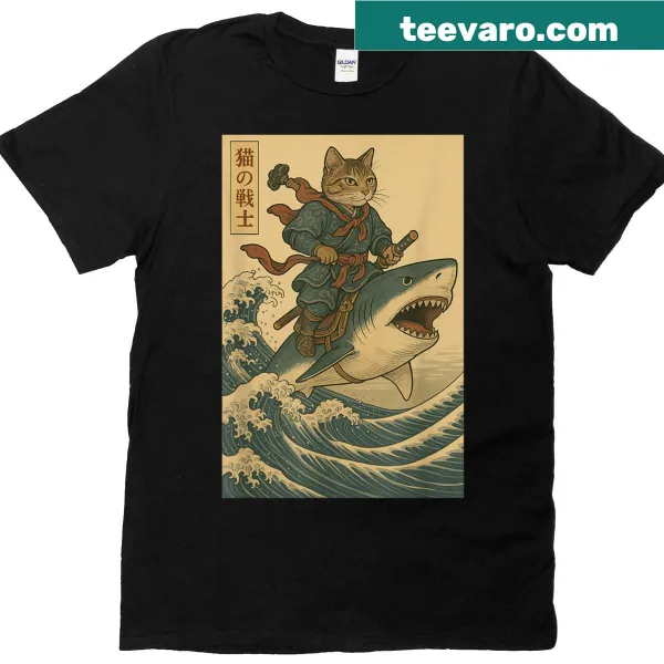 Funny vintage anime cat riding a shark design