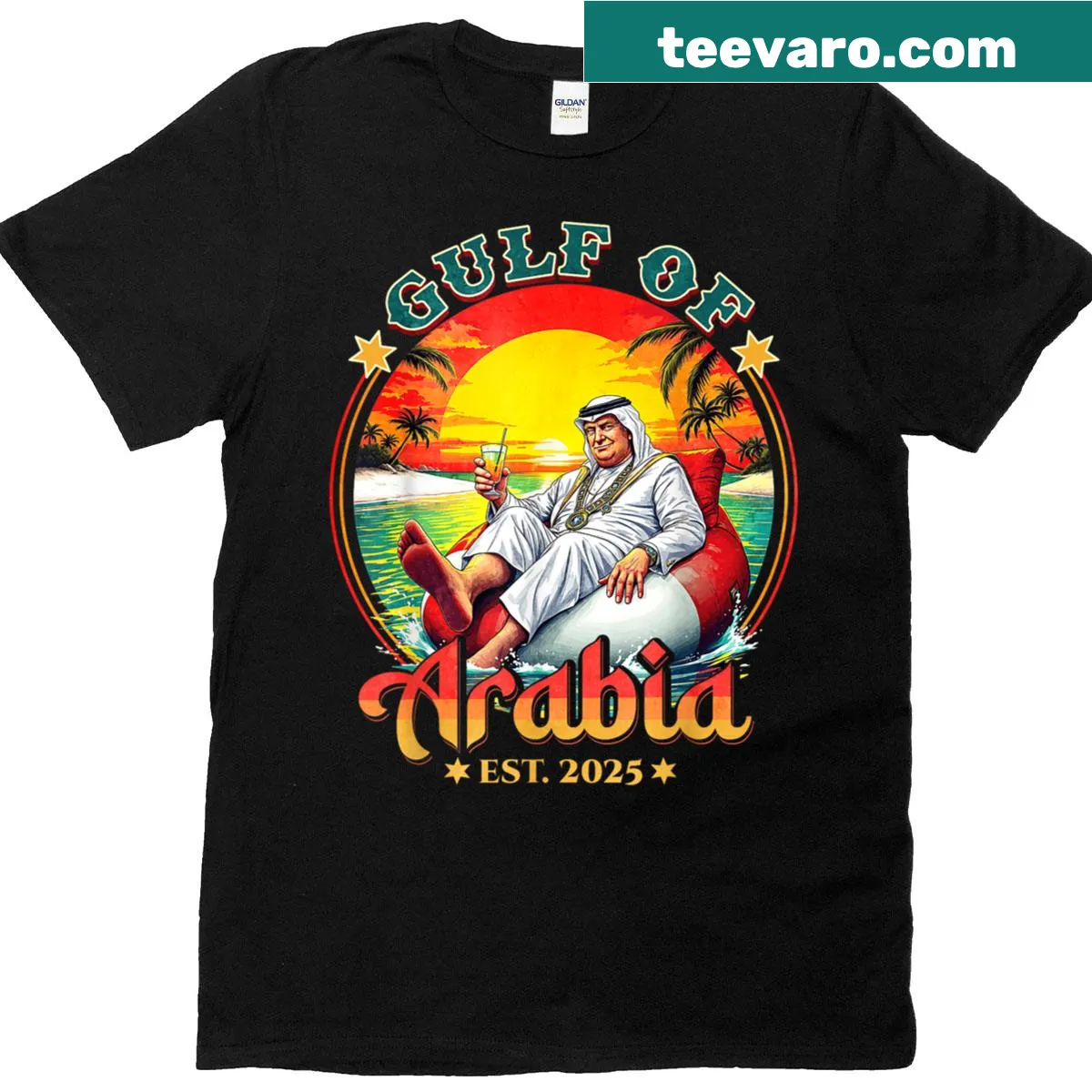 Retro T-shirt with Gulf of Arabia graphic and Est 2025 text — on a men's t-shirt