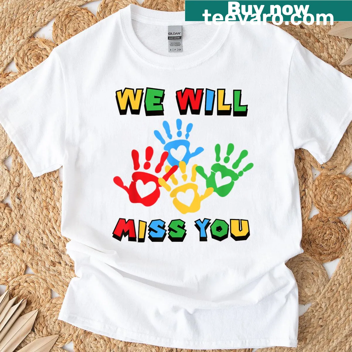 Kids t-shirt with a handprint graphic and farewell message — on a men's t-shirt