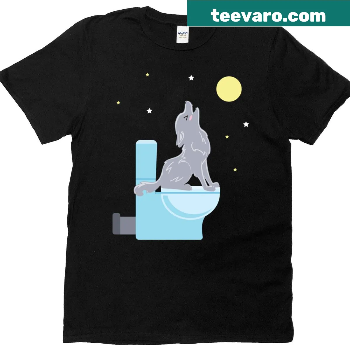 Cartoon wolf howling in a toilet graphic on T-shirt — on a men's t-shirt