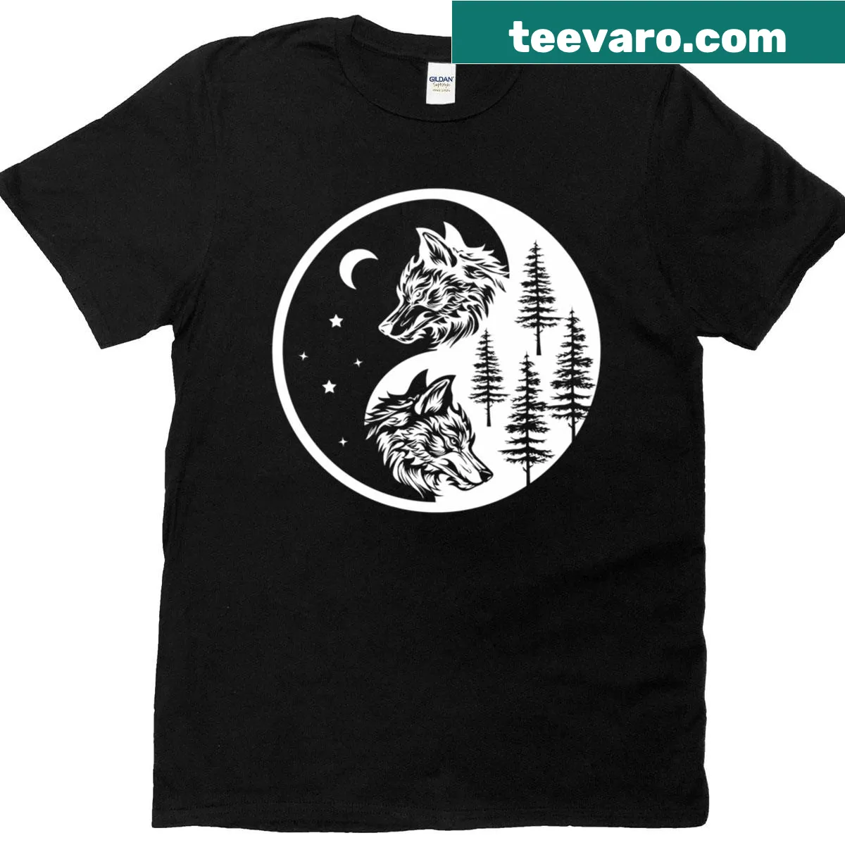Yin-yang design featuring howling wolves in wilderness — on a men's t-shirt