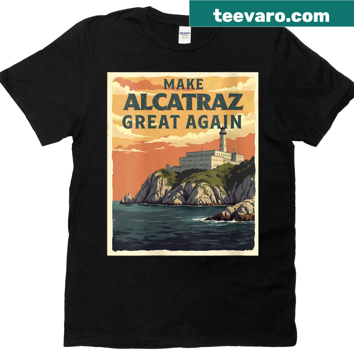 Funny Alcatraz t-shirt with political humor for women — on a men's t-shirt