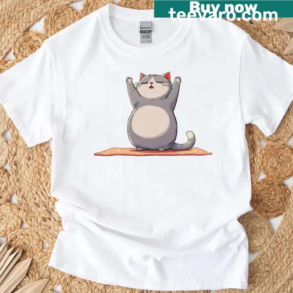Cute cartoon yoga cat t-shirt with a meditative theme