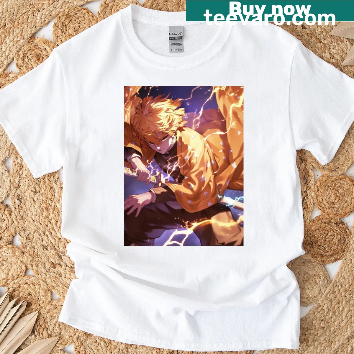 Illustration of Zenitsu on a T-shirt, capturing his dynamic spirit. — on a men's t-shirt