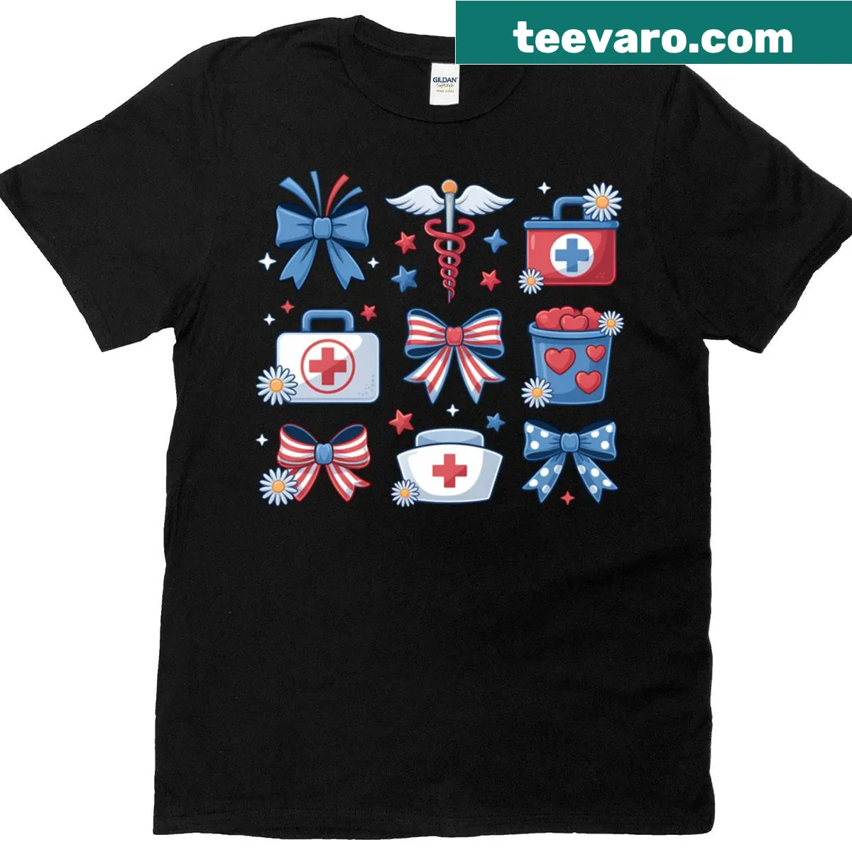 Fourth of July T-shirt for nurses with coquette bow and medical symbols — on a men's t-shirt