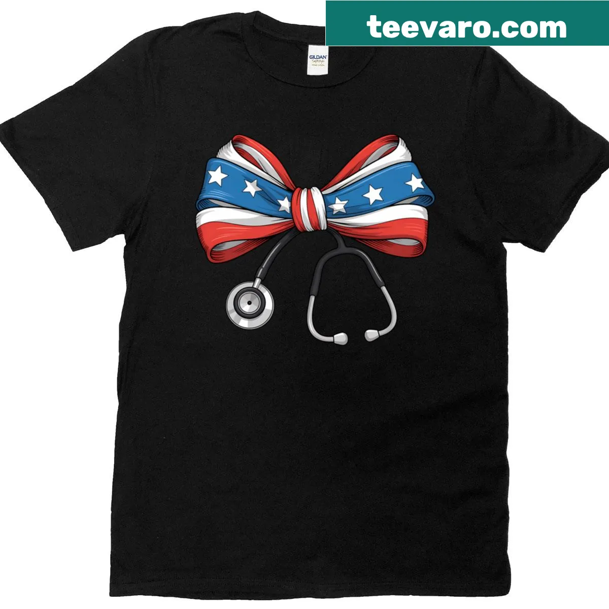 Fourth of July T-shirt for nurses with stethoscope, bow, and USA flag — on a men's t-shirt