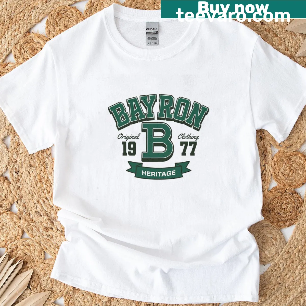 Retro college style t-shirt featuring Bayron Heritage Varsity 1977. — on a men's t-shirt