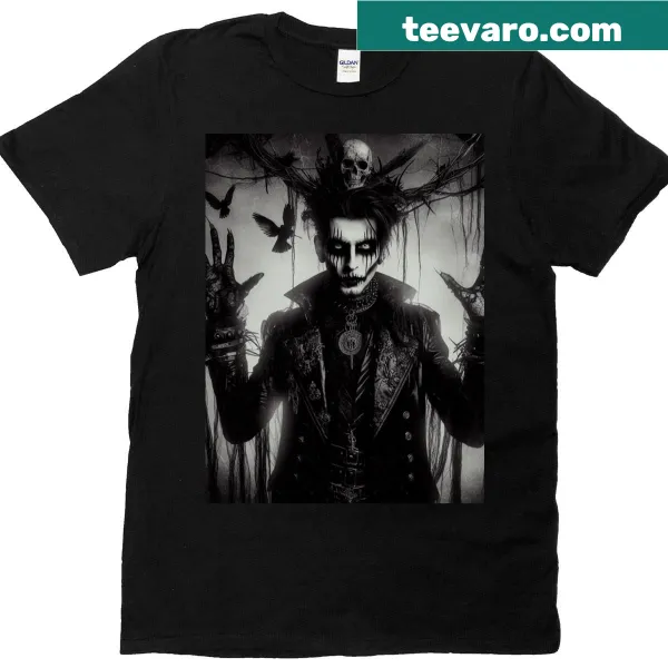 T-shirt featuring intricate black metal art design