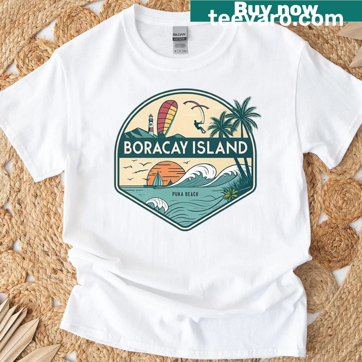 Illustrated Boracay Island t-shirt with palm trees and ocean waves — on a men's t-shirt