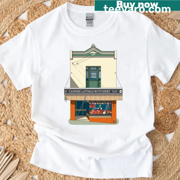 Illustration of various cuts of meat on a butchery themed t-shirt