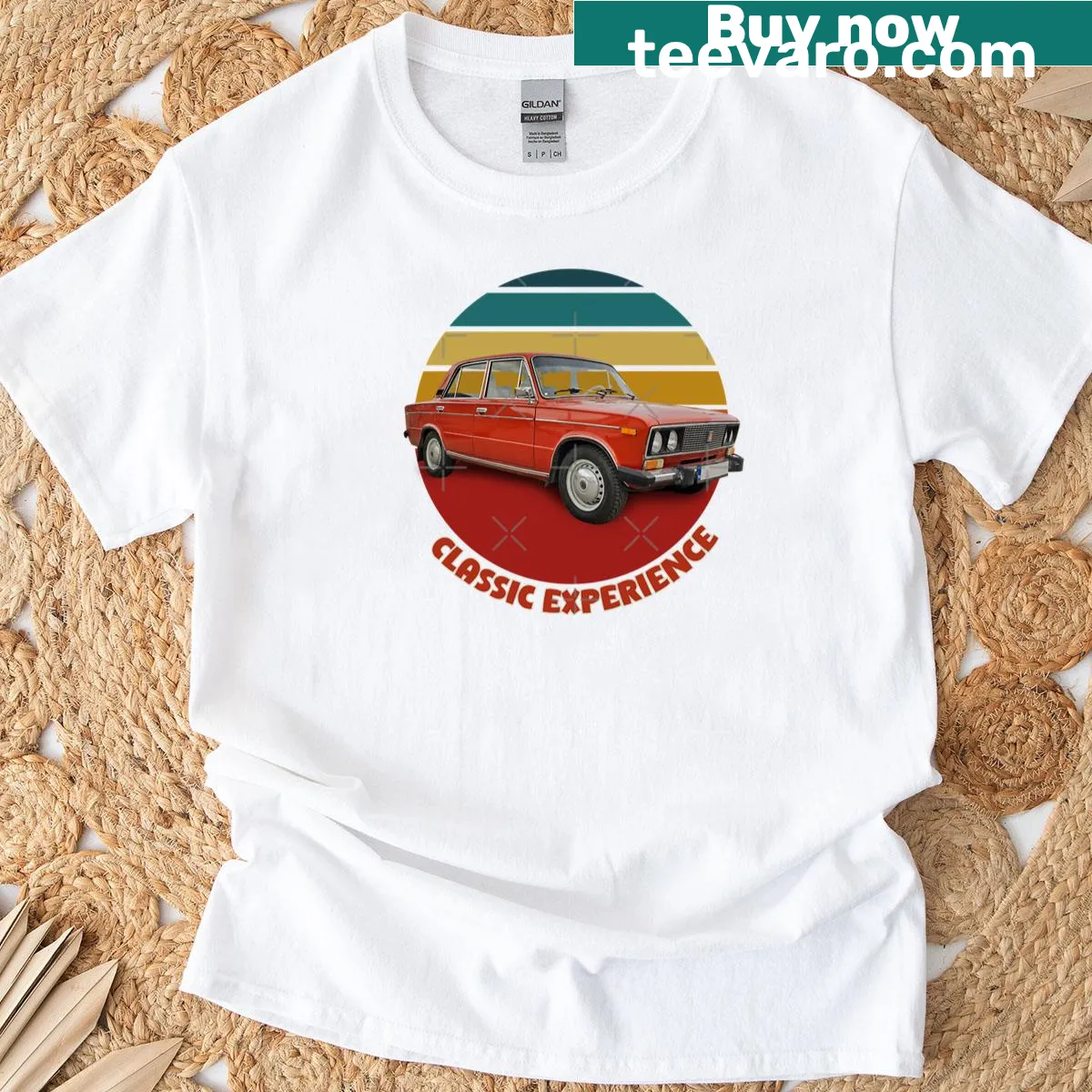 Retro style t-shirt with classic car design — on a men's t-shirt