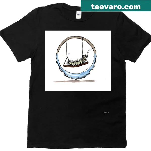 Illustrative T-shirt featuring a cheerful caterpillar swinging from a branch
