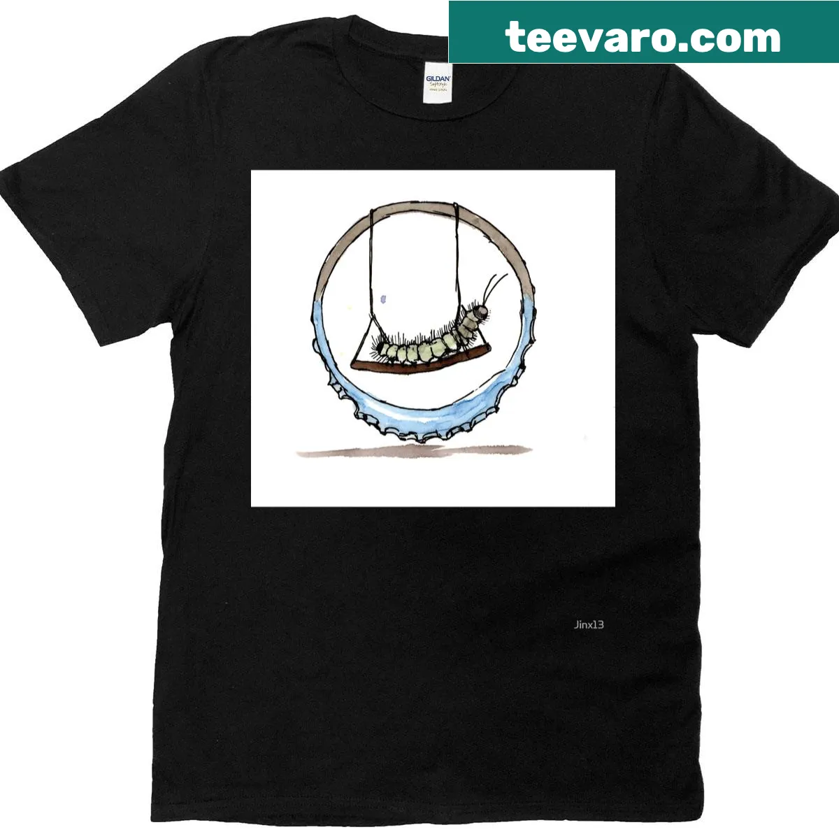 Illustrative T-shirt featuring a cheerful caterpillar swinging from a branch — on a men's t-shirt