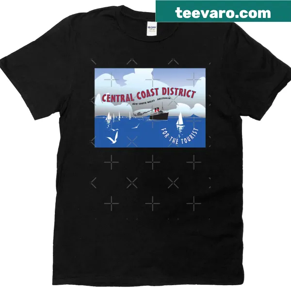 Retro Central Coast 1920s tourist poster design on oversized t-shirt