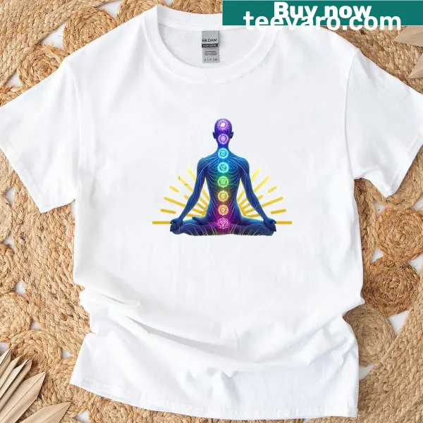Chakra graphic T-shirt representing the seven chakras vertically.