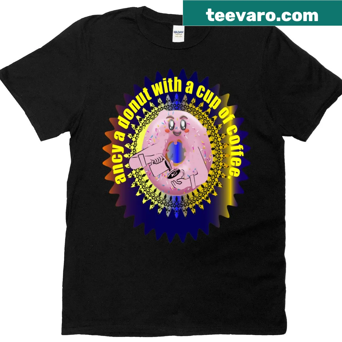 Oversized t-shirt featuring illustrated donuts with sprinkles and coffee. — on a men's t-shirt