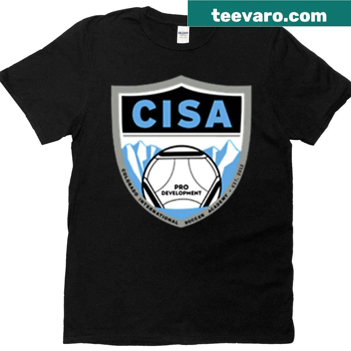 Soccer-themed t-shirt with Colorado International Soccer Academy logo — on a men's t-shirt