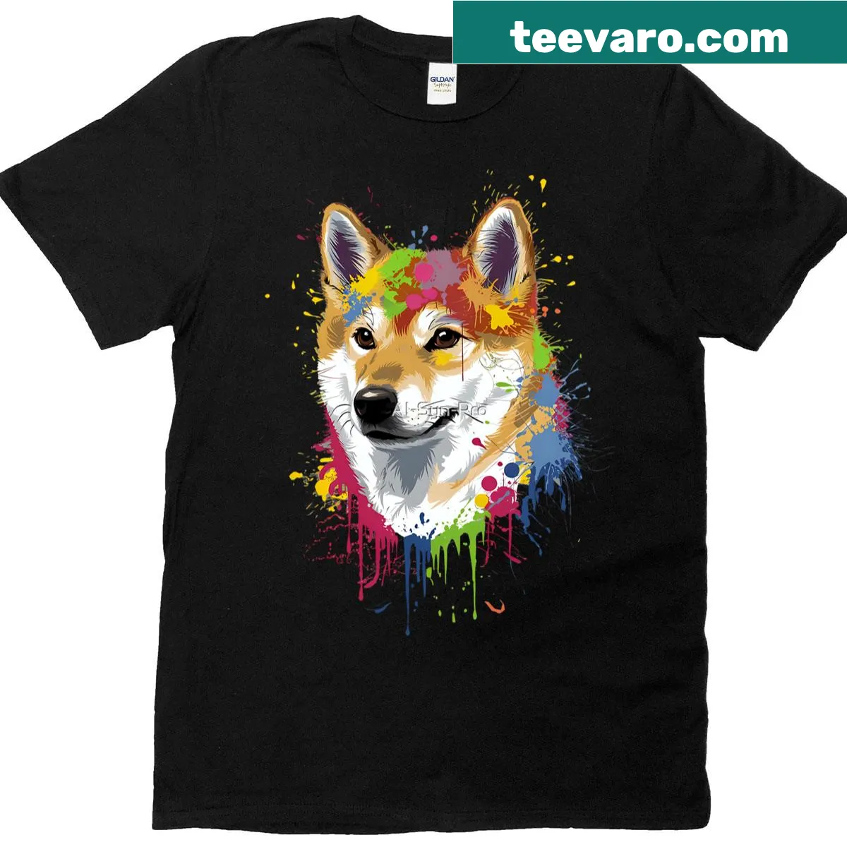 Oversized T-shirt with colorful digital art of a Shiba Inu — on a men's t-shirt