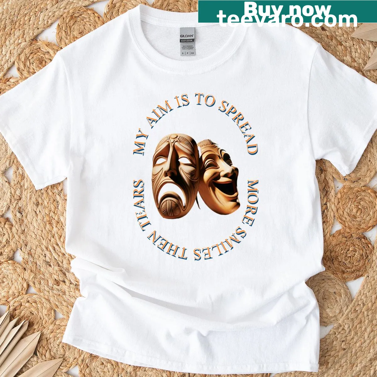 Unisex T-shirt featuring comedy and tragedy masks with the quote 'Laugh Now Cry Later.' — on a men's t-shirt